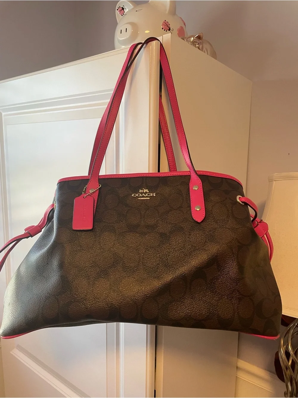 Coach F23855 Signature PVC Canvas Tote Bag Brown Pink Leather Shoulder Purse EUC